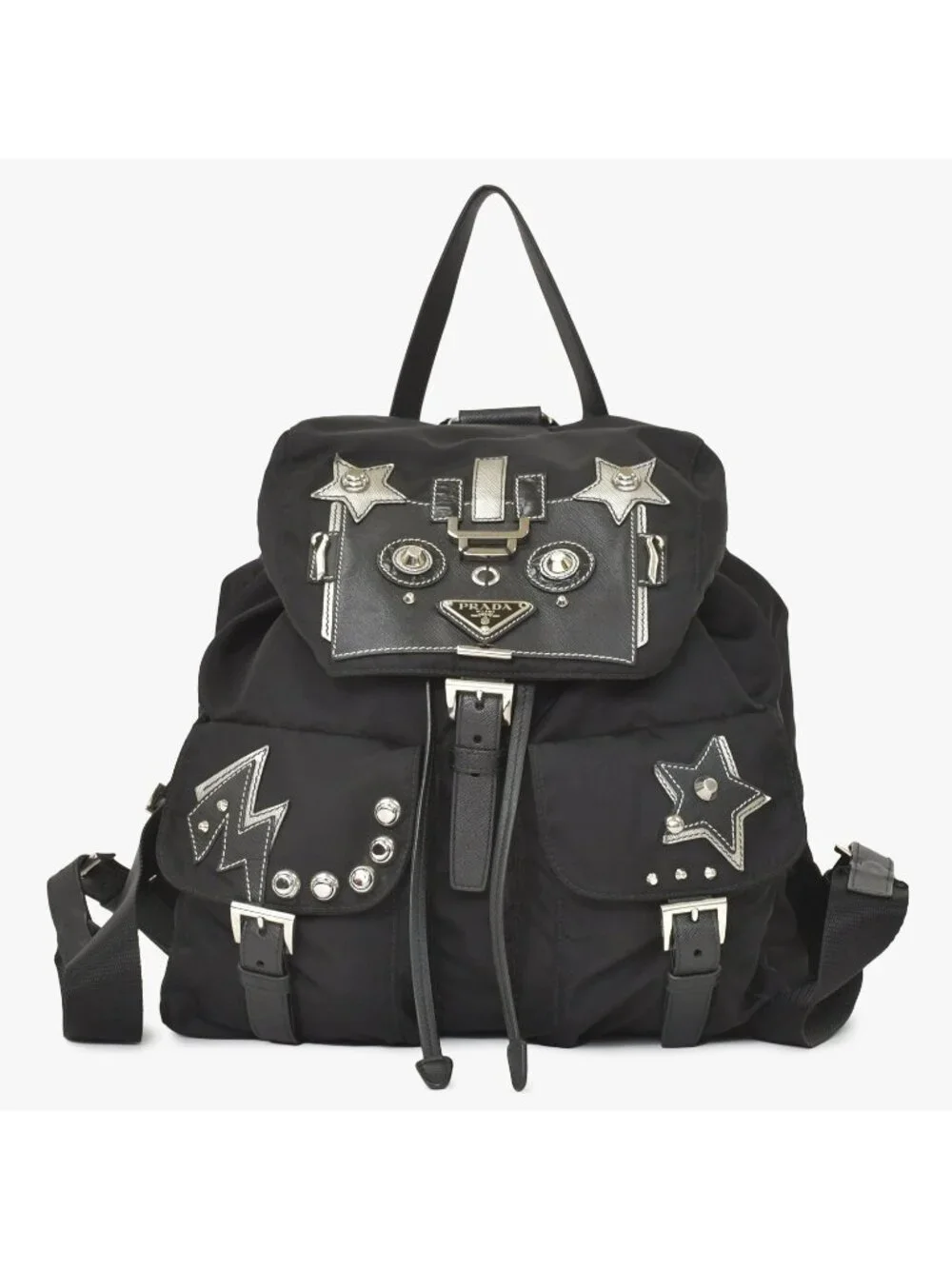 Prada Tessuto Nylon Robot Backpack Saffiano Leather Studs Metal Black